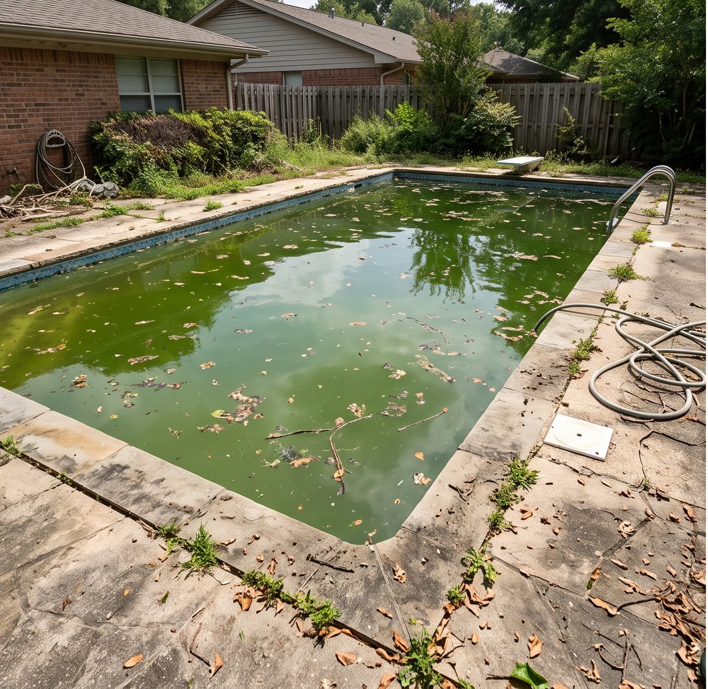 A backyard pool green with algae, before treatment